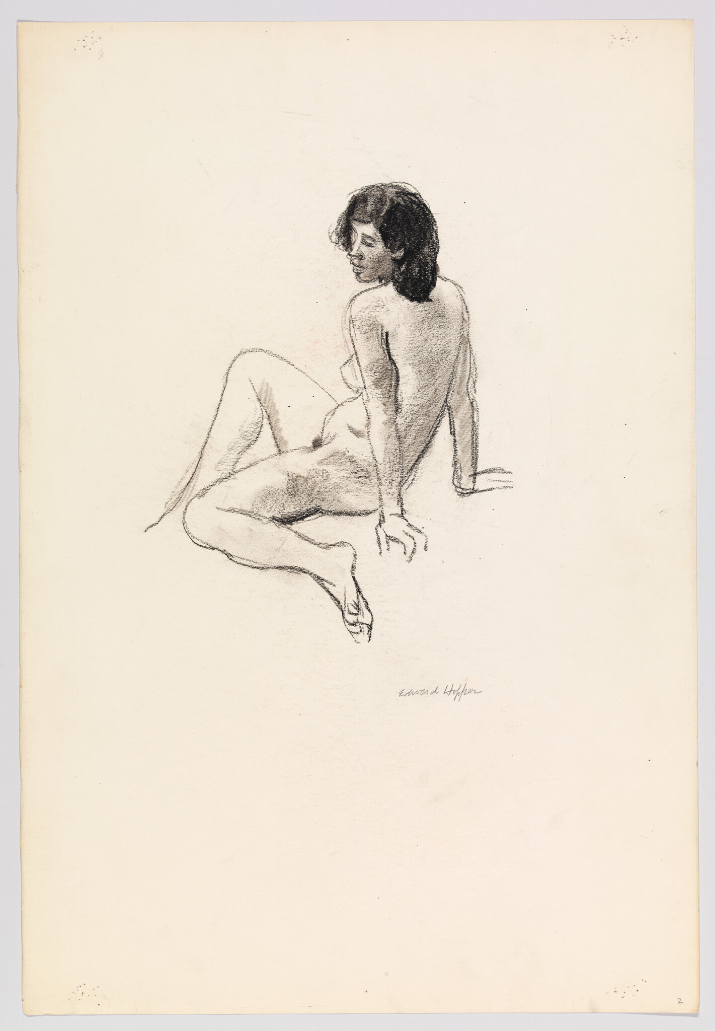 A charcoal sketch of a seated nude woman leaning back with her head turned to the side.