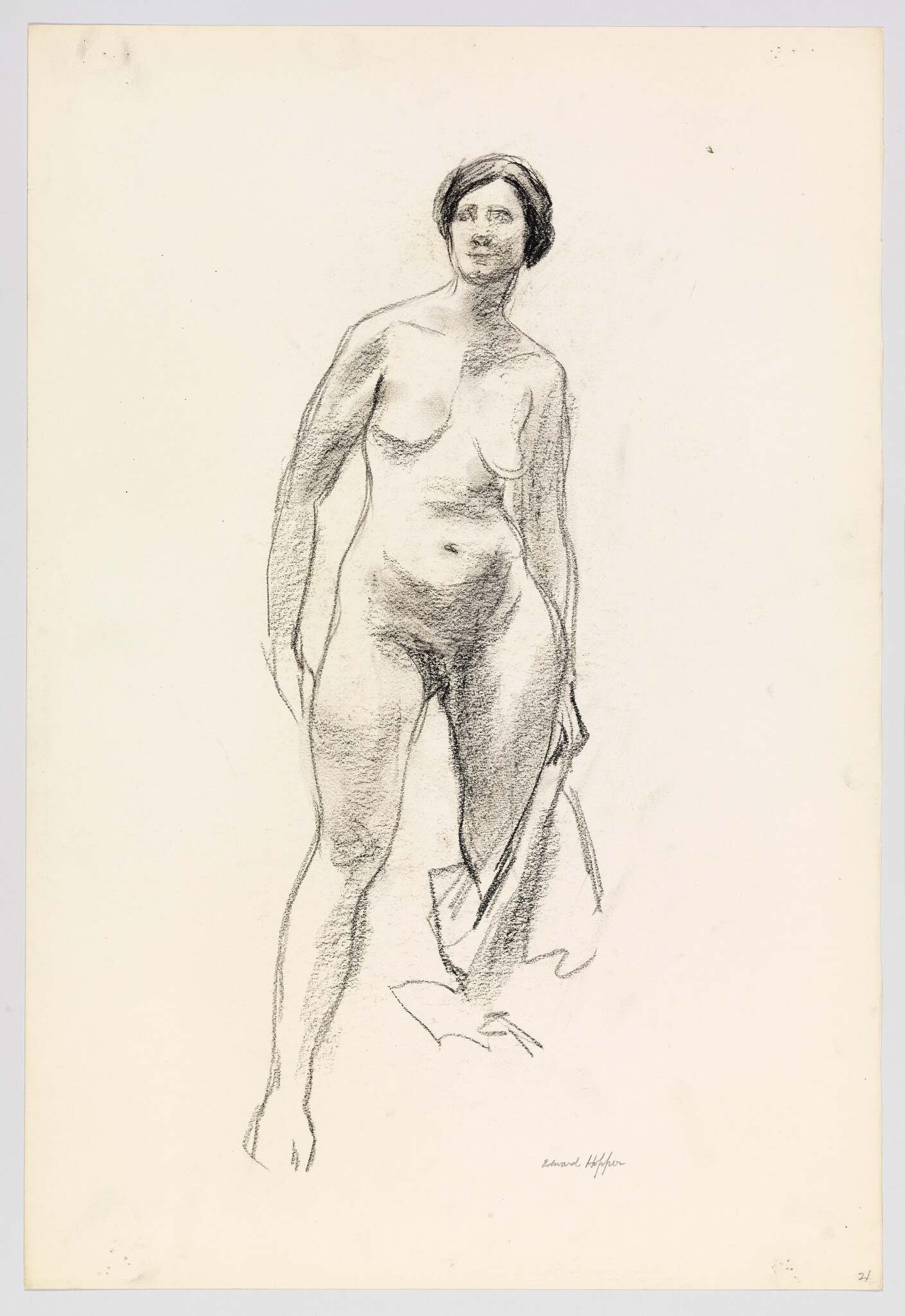 A charcoal sketch of a standing nude woman holding fabric at her side, facing slightly left.