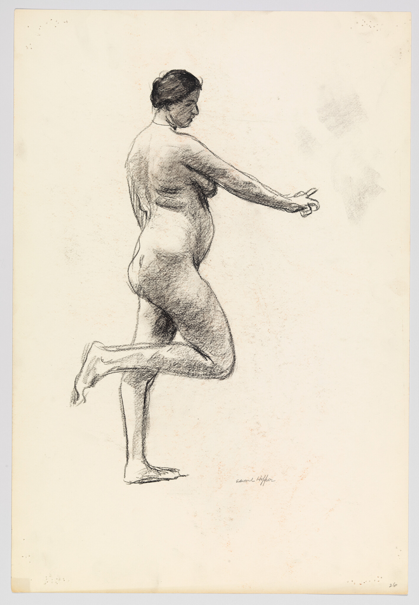 Nude woman standing on one leg with the other bent and arm extended forward.