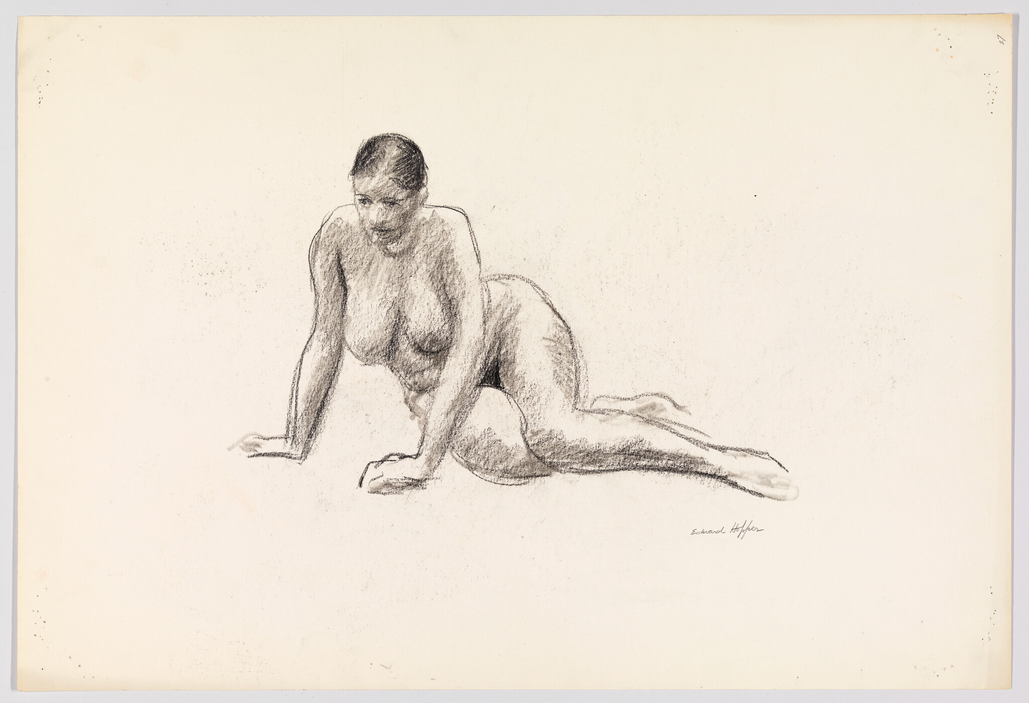 A nude woman kneels and leans forward, supporting her weight on both hands.