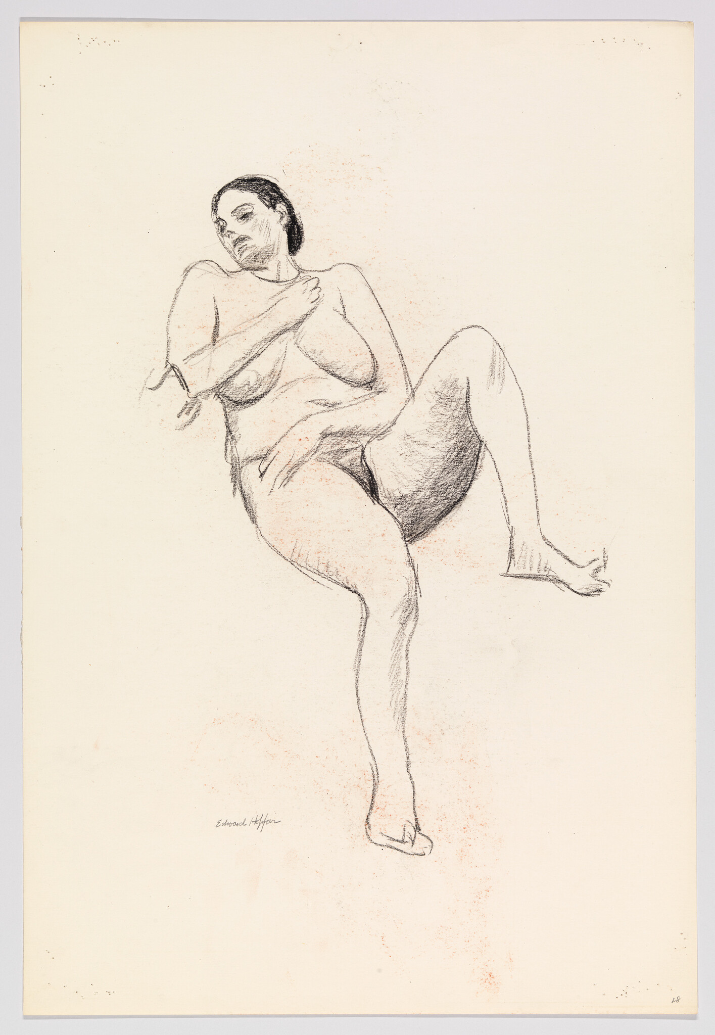 A charcoal sketch of a nude woman reclining with one leg raised and arms crossed.
