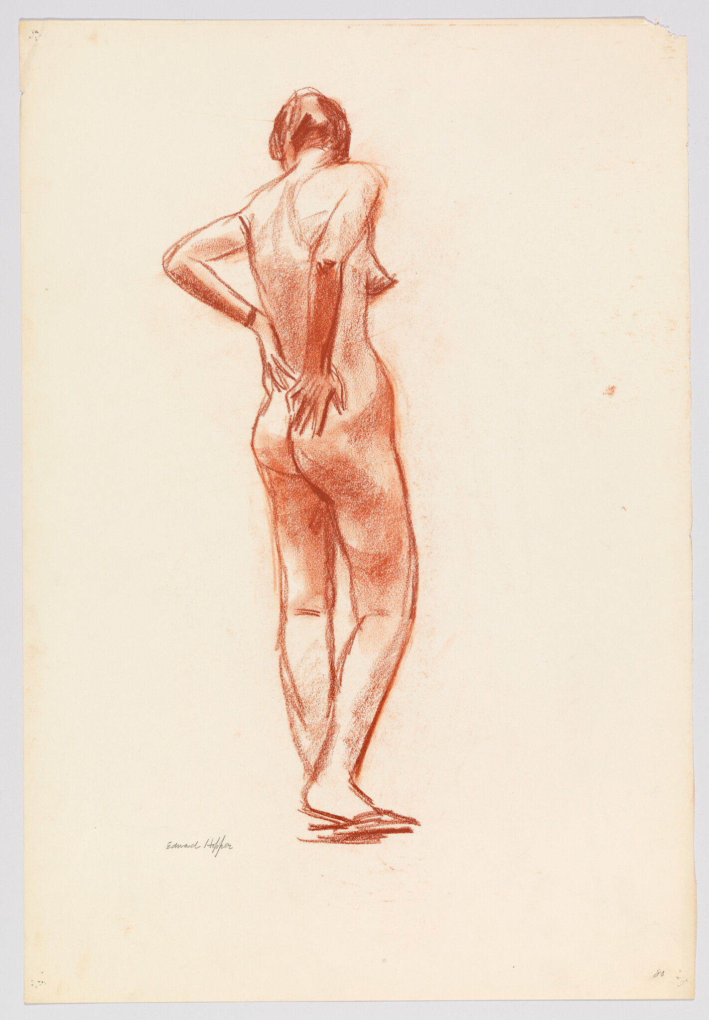 Nude woman standing with hands on her lower back, weight on one leg, drawn in red chalk.