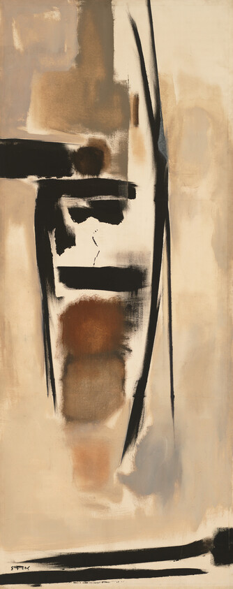 Abstract beige painting with bold vertical black strokes and warm brown shapes.