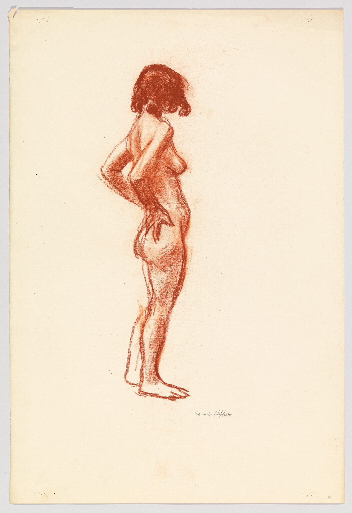 A red chalk sketch of a standing woman with her hands on her lower back.