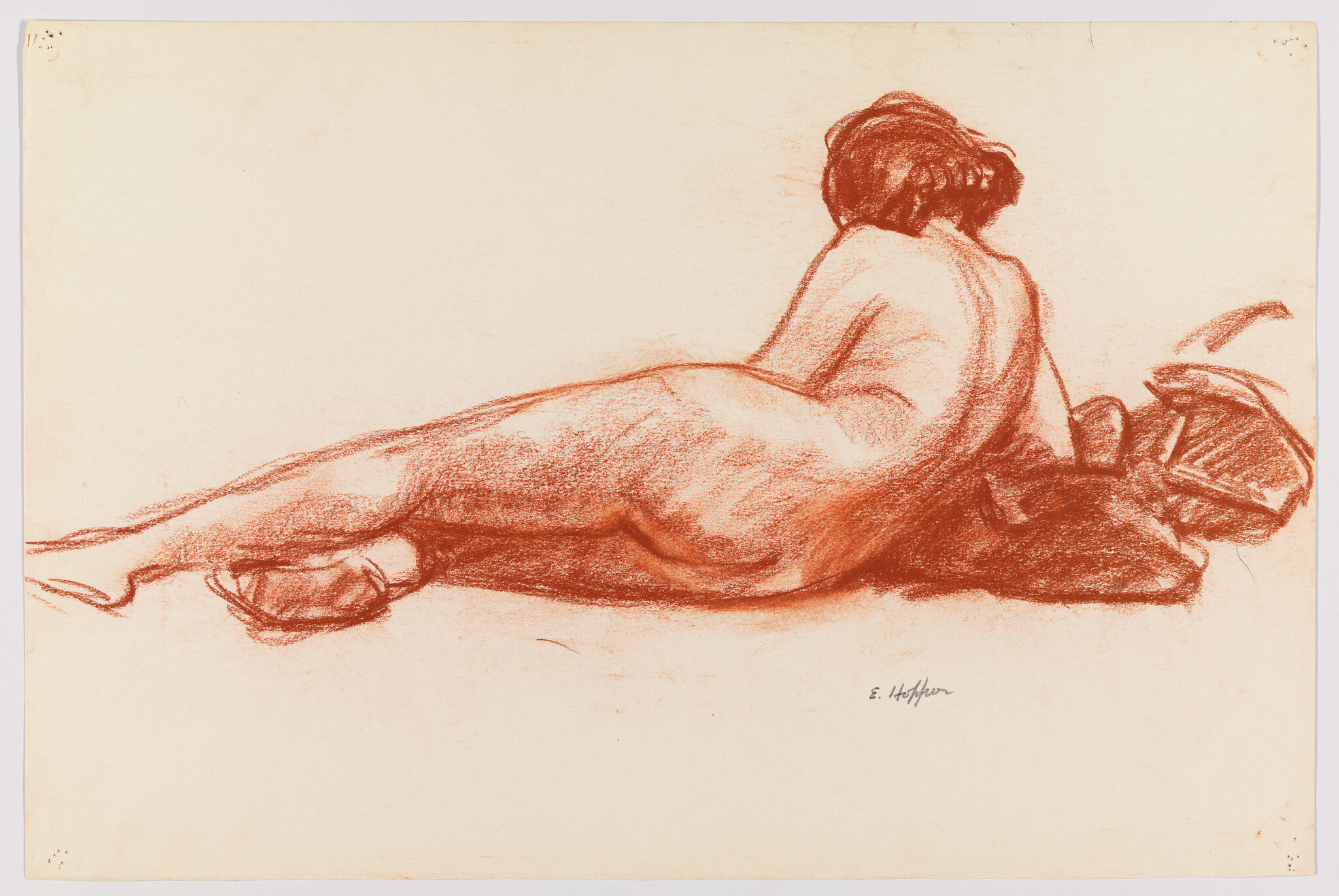 A red chalk sketch of a reclining nude woman lying on her side with back turned.