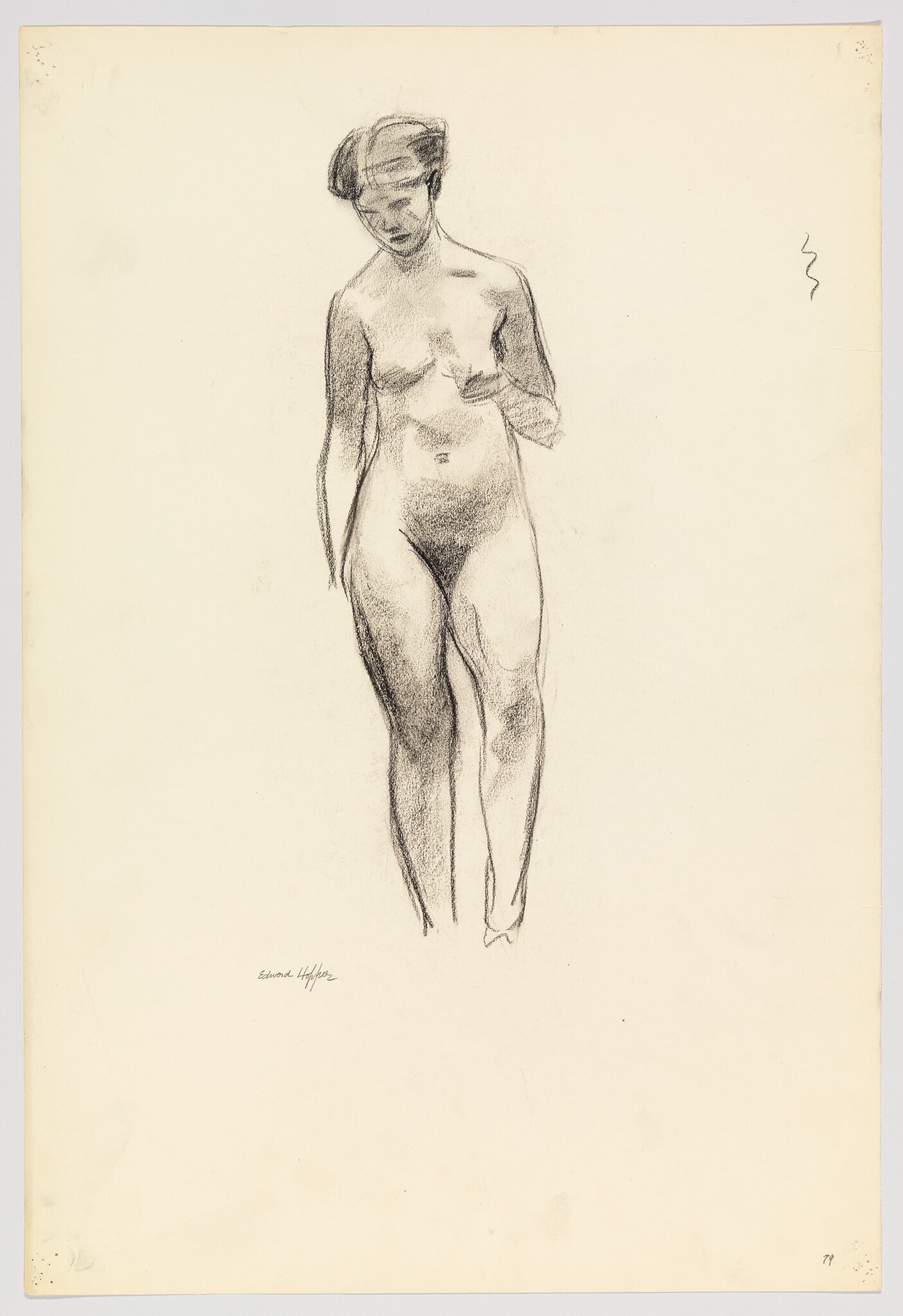 A charcoal sketch of a standing nude woman looking down with one hand near her chest.