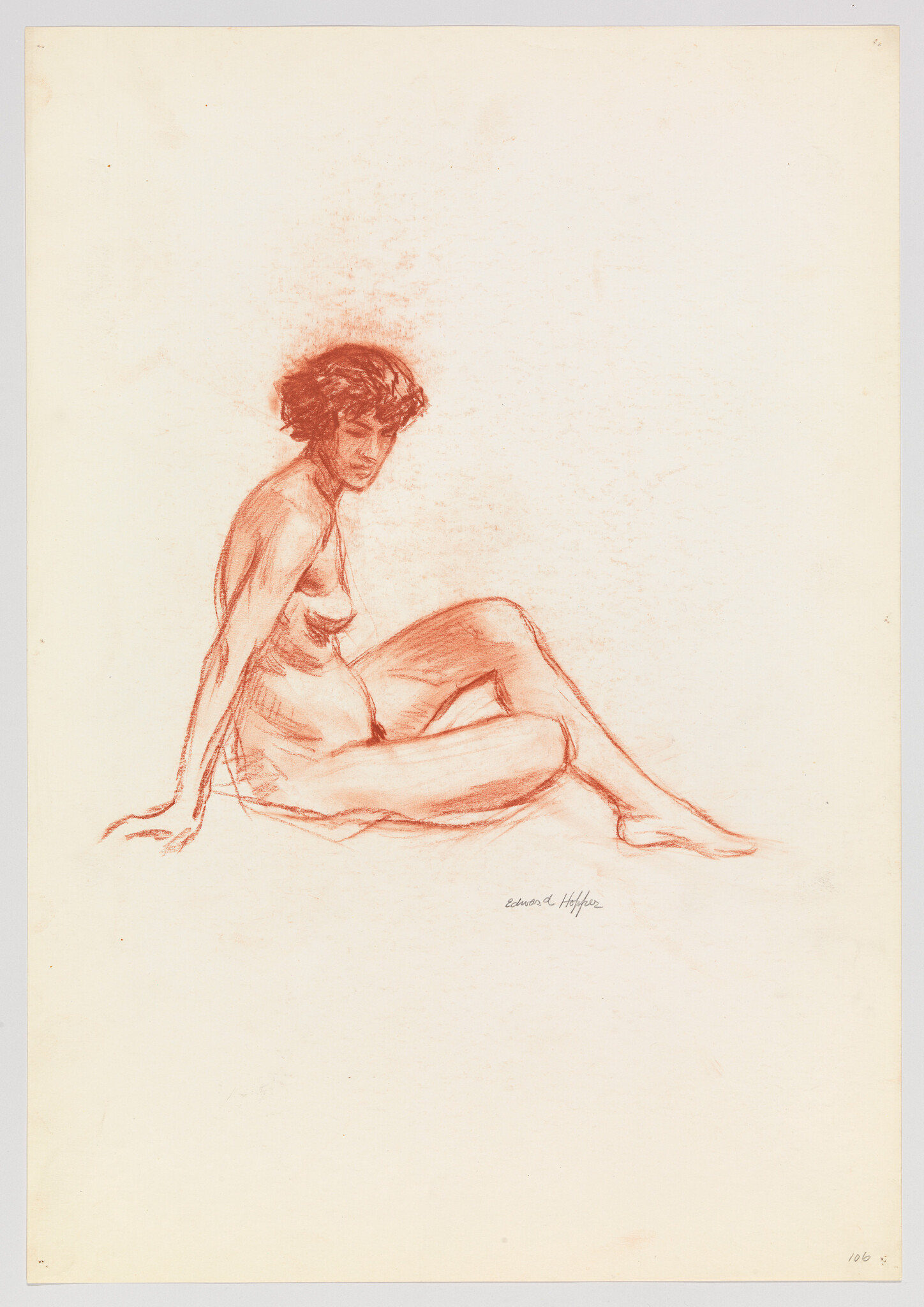 A red chalk sketch of a seated nude woman leaning back with knees bent.