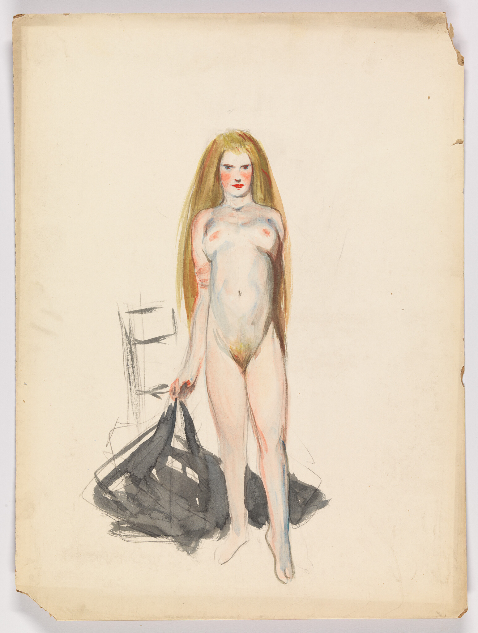 Young nude woman with long hair standing and holding a dark cloth at her side.