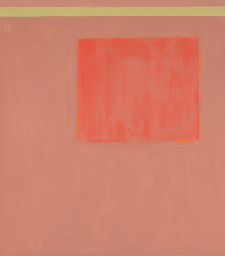 A minimalist painting with a large red square centered on a peach-colored background with a thin yellowish stripe at the top.