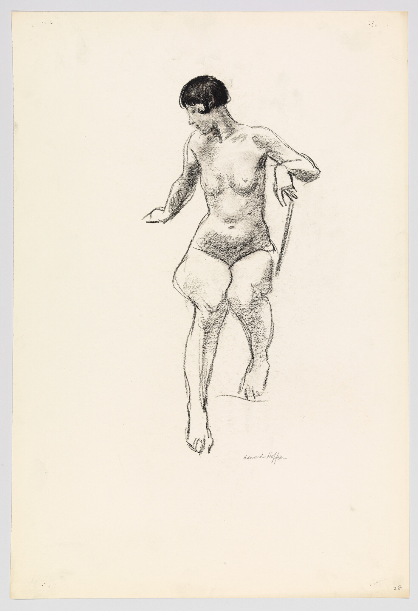 A charcoal sketch of a seated nude woman leaning on a chair and looking downward.