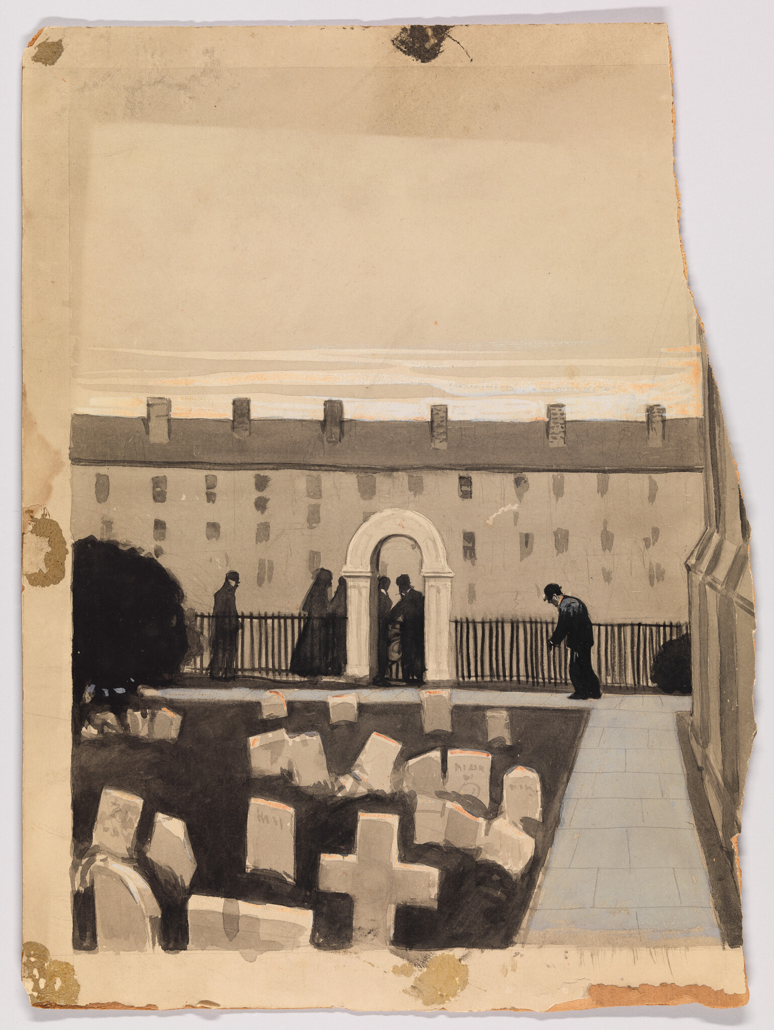 Graves fill the foreground while three people stand near an arched entrance and a lone mourner walks.