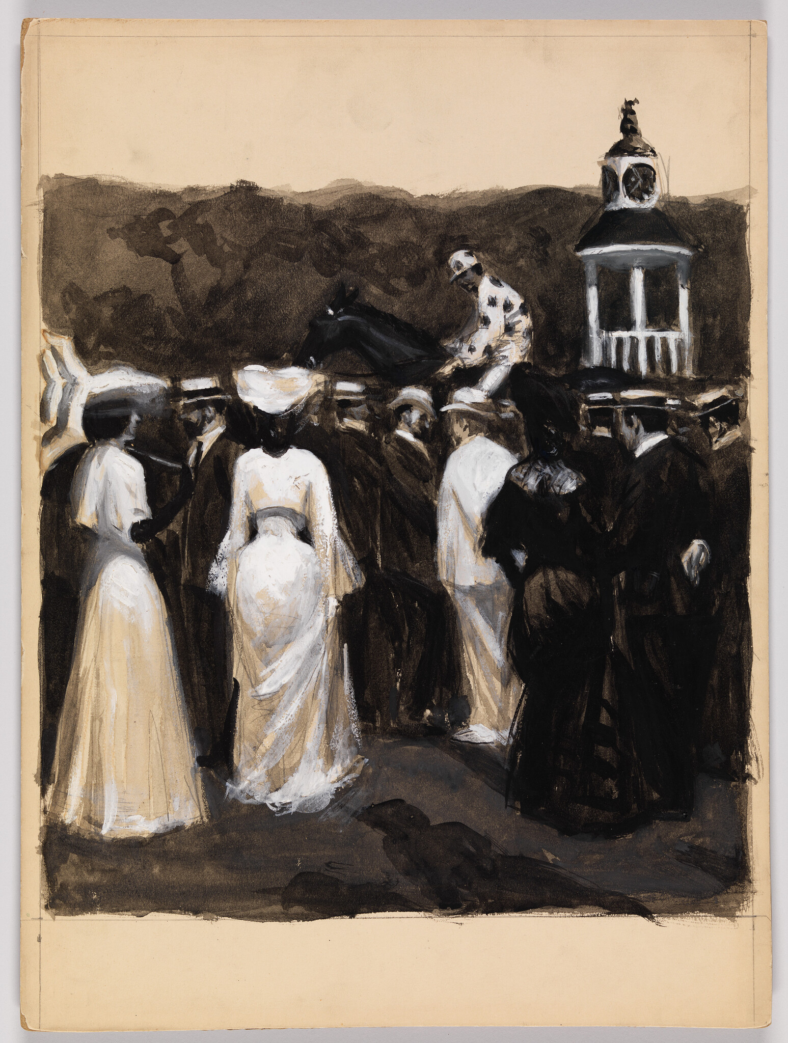 Well-dressed crowd watches a jockey on a horse near a small pavilion at a race.