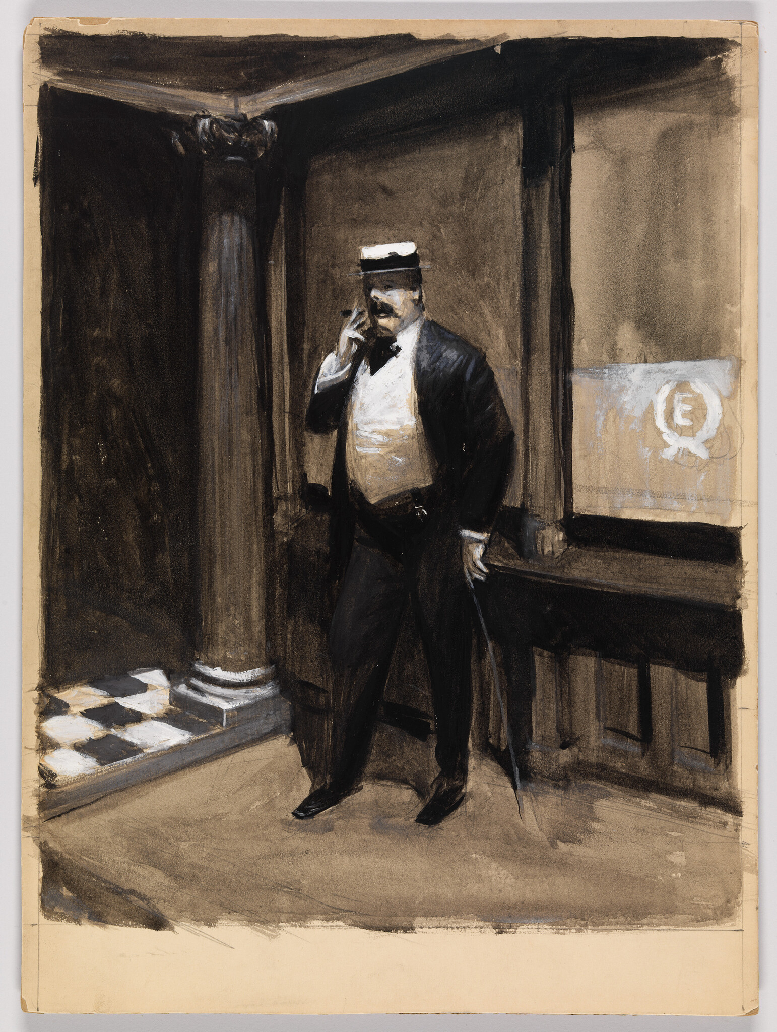 A well-dressed man in a hat stands by a column, holding an umbrella and touching his face.