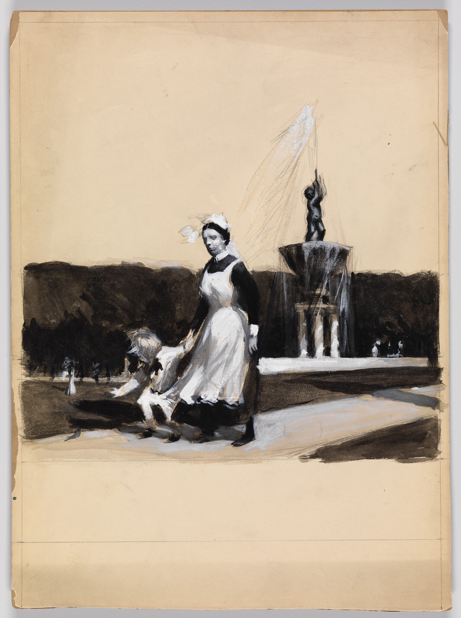 A maid in a white apron leads a small child near a park fountain.