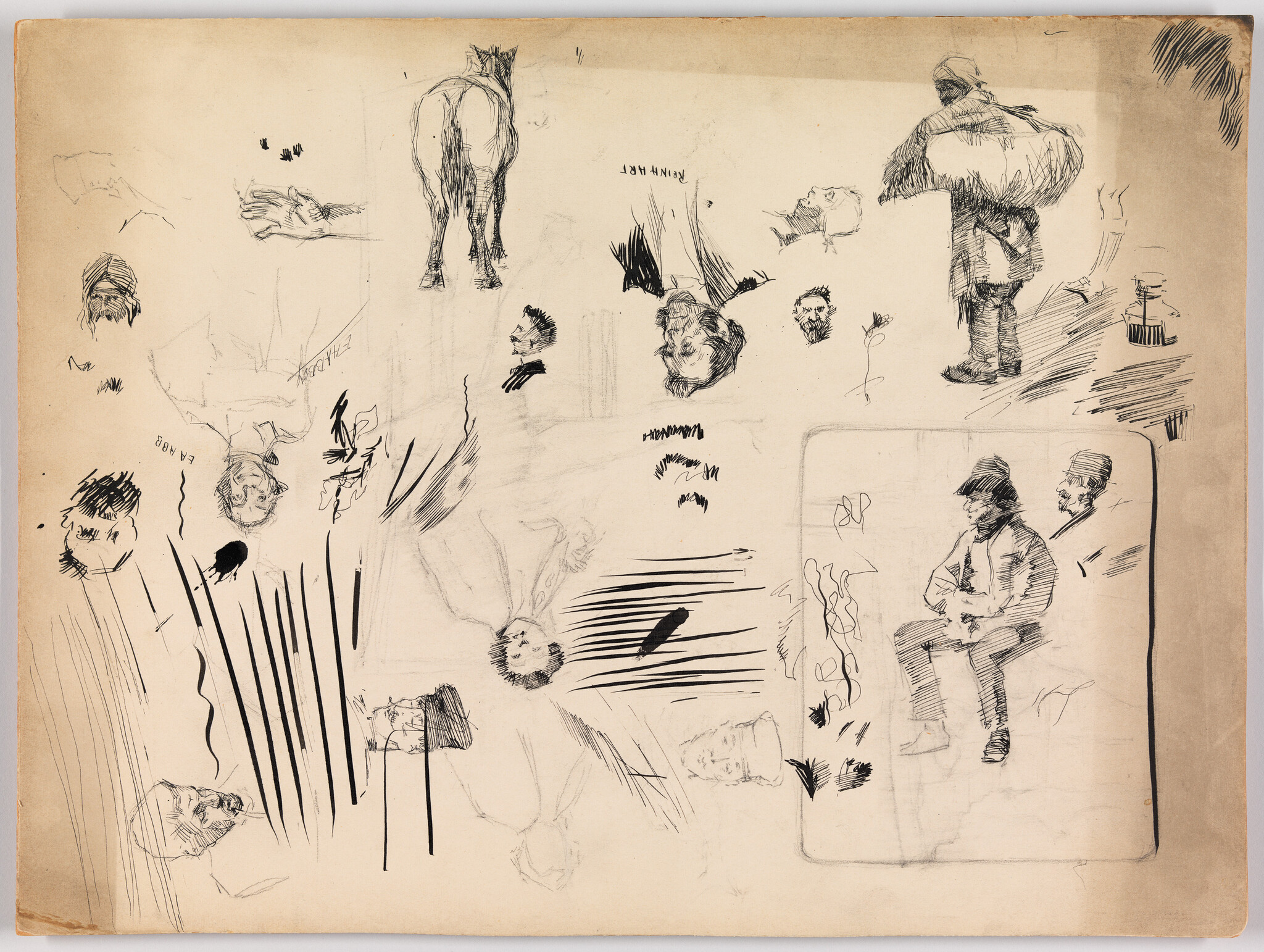 Sketchbook page filled with loose ink studies of heads, two seated men, a standing figure carrying bundle, and horse.