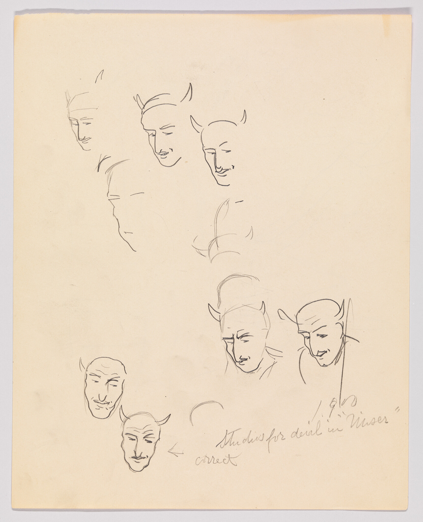 Several pencil sketches of devil heads with horns and subtle expressions.