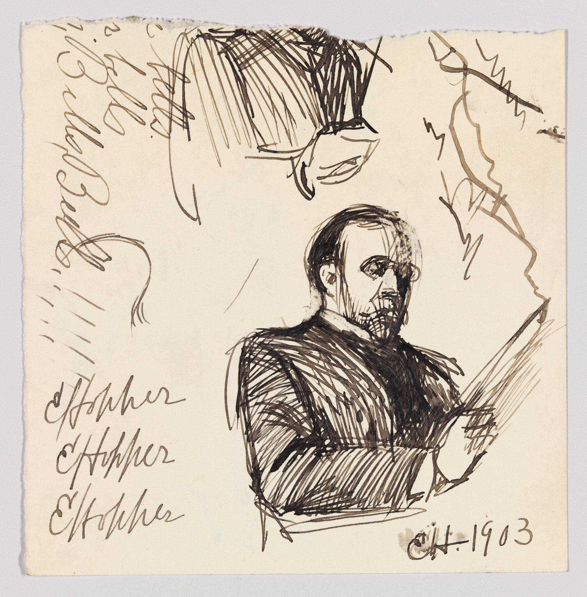 A pen sketch of a bearded man reading from a paper, signed 1903.