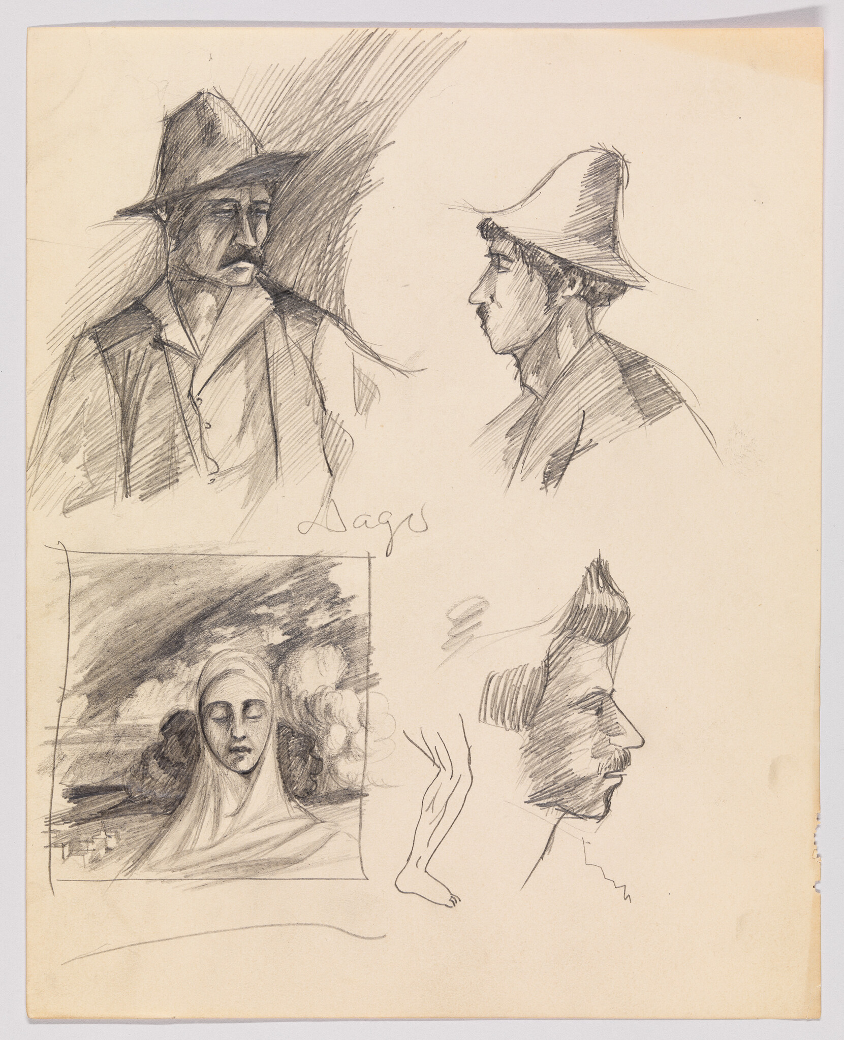 Several pencil sketches of men in hats and a veiled woman's portrait on paper.