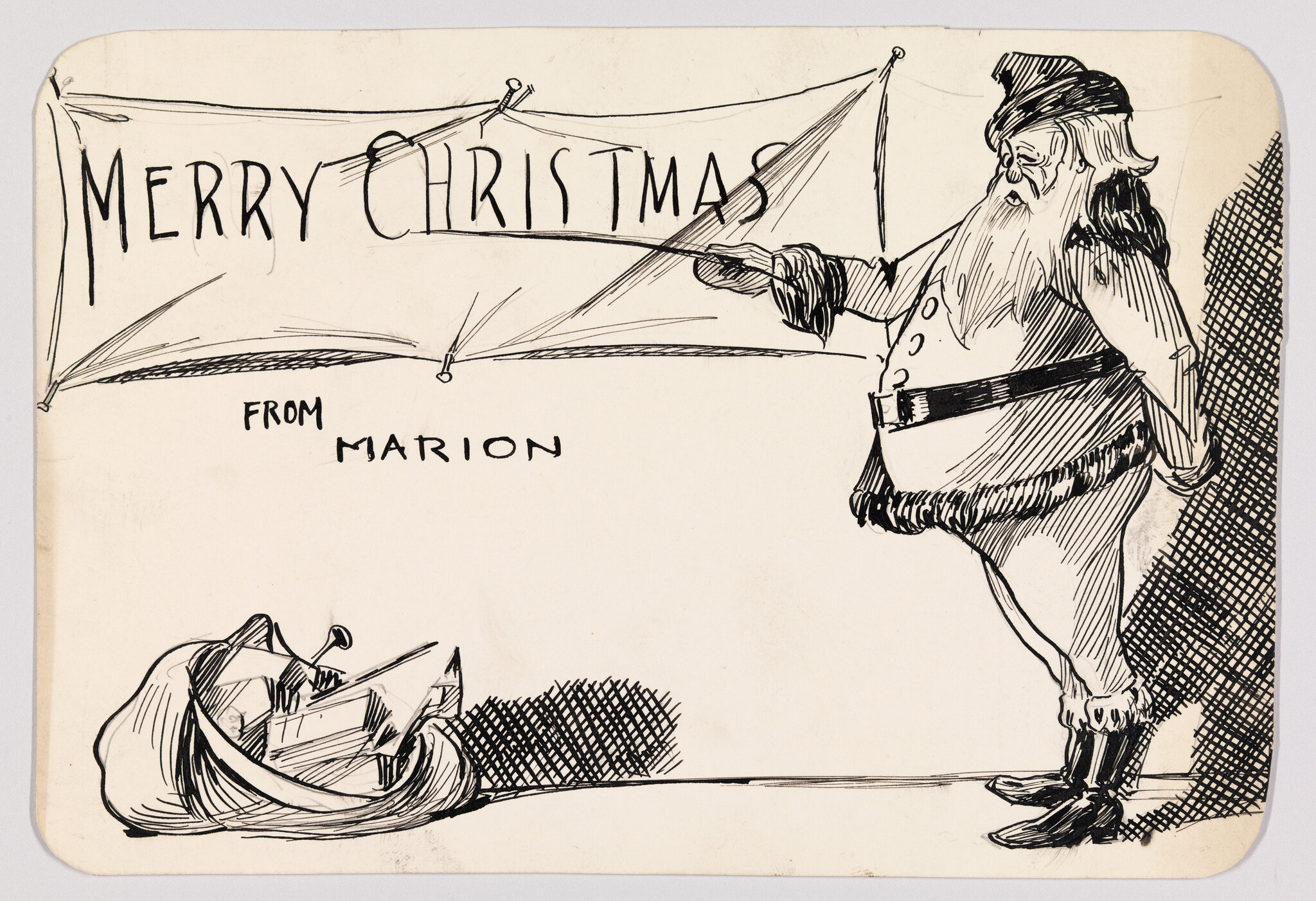 Santa points to a "Merry Christmas" banner while a sack of toys sits nearby.