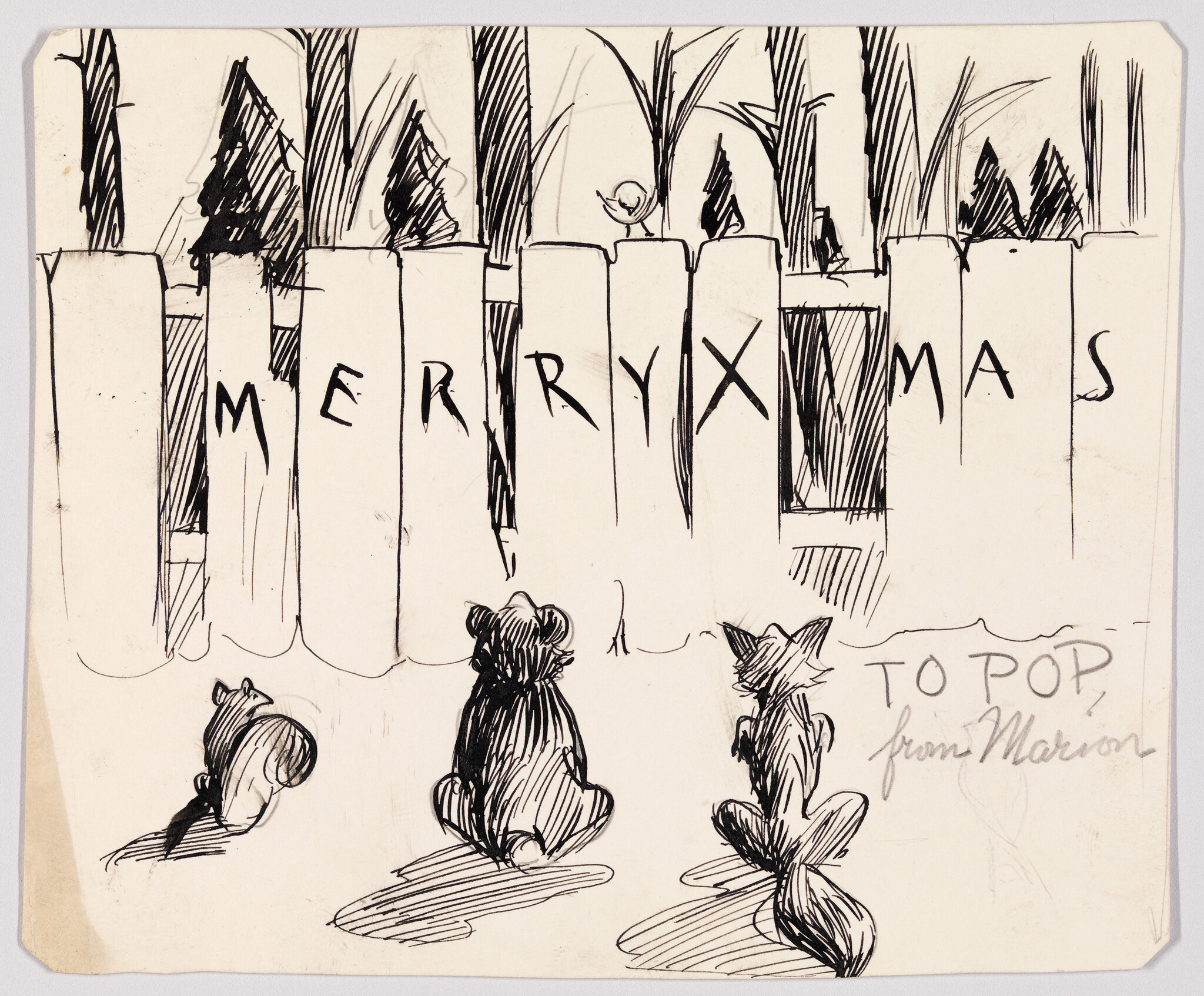 Three small animals sit in snow facing a fence painted with the words Merry Xmas.
