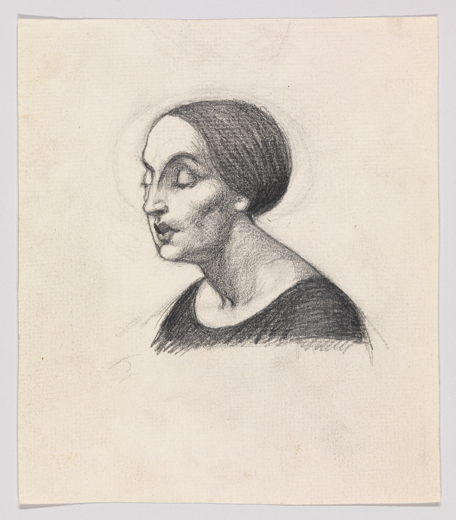 Woman with hair pulled back in a bun shown in a quiet profile sketch with closed eyes.