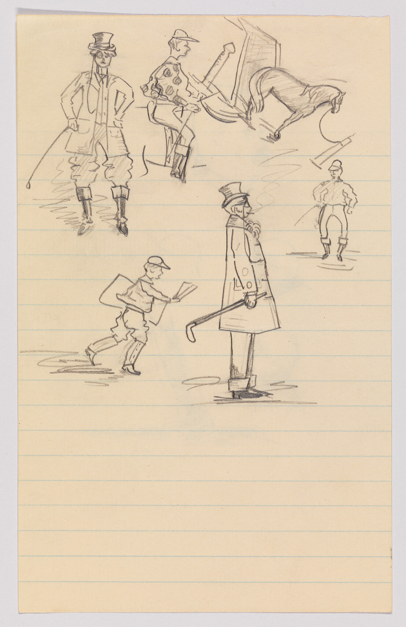 A tall man in a top hat and coat stands with a cane while a boy runs.