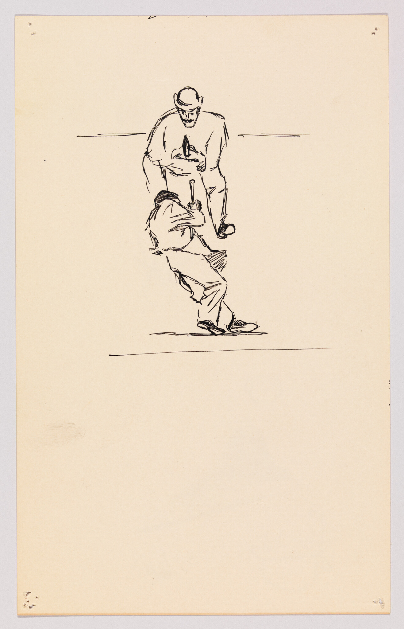 Simple ink sketch of one man pitching to another man swinging a bat.