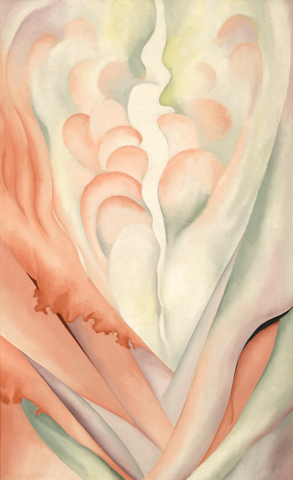 Abstract painting with soft pink, peach, and cream colors forming organic, flowing shapes.