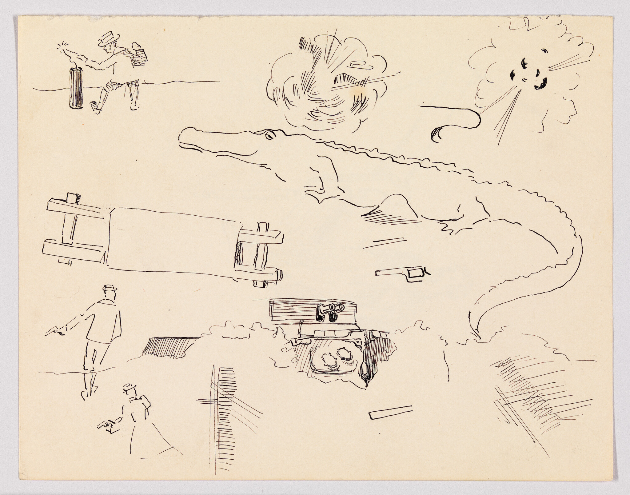 A large crocodile dominates the sketch while small figures point guns and an explosion appears.
