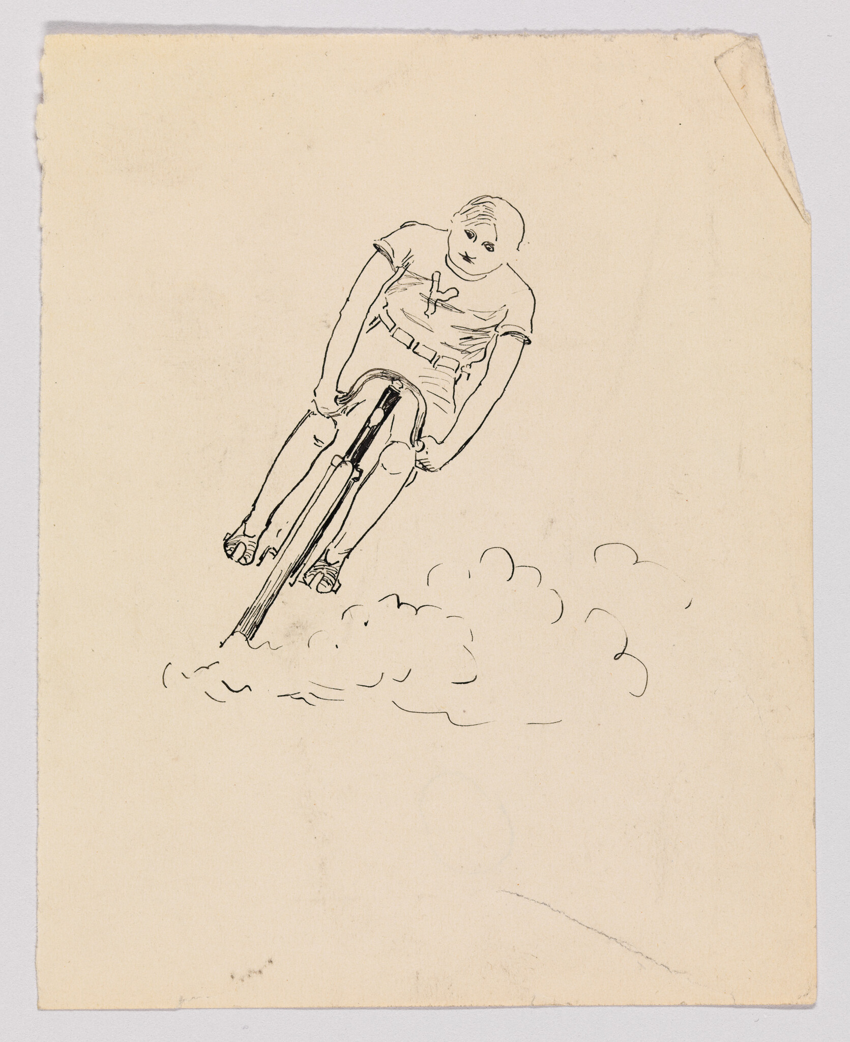 Cyclist leans forward while jumping a bicycle over dust or clouds.