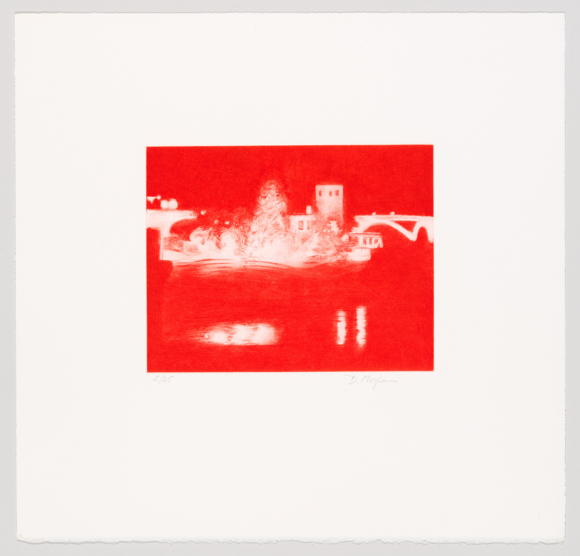 A monochromatic red print depicting a serene landscape with a body of water in the foreground, reflecting the silhouette of trees and a building. A bridge is visible to the right, and the artwork is signed by the artist in the lower right corner. The print is centered on a white background.