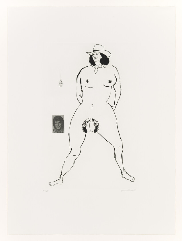 Naked woman wearing a cowboy hat stands with legs apart, small portraits placed near her body.