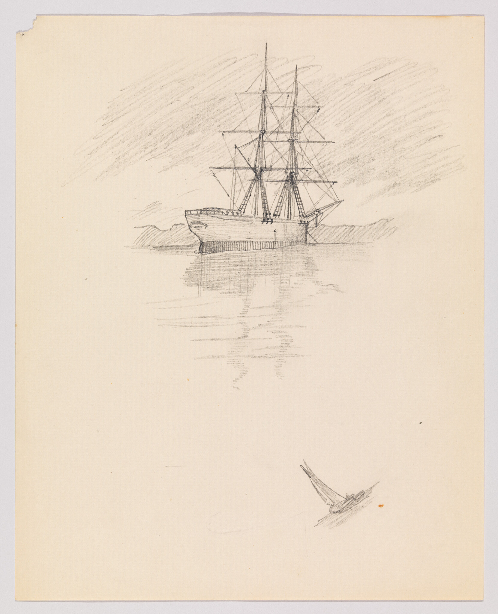 Pencil sketch shows a three-masted sailing ship anchored with its reflection and a small rowboat nearby.