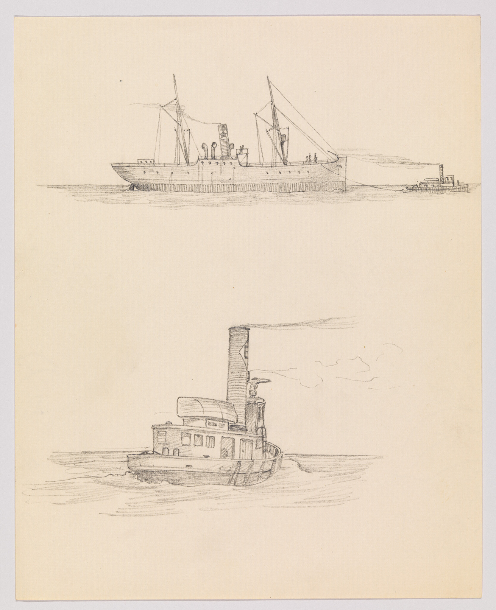 A large steamship being towed while a small tugboat travels through calm water below.