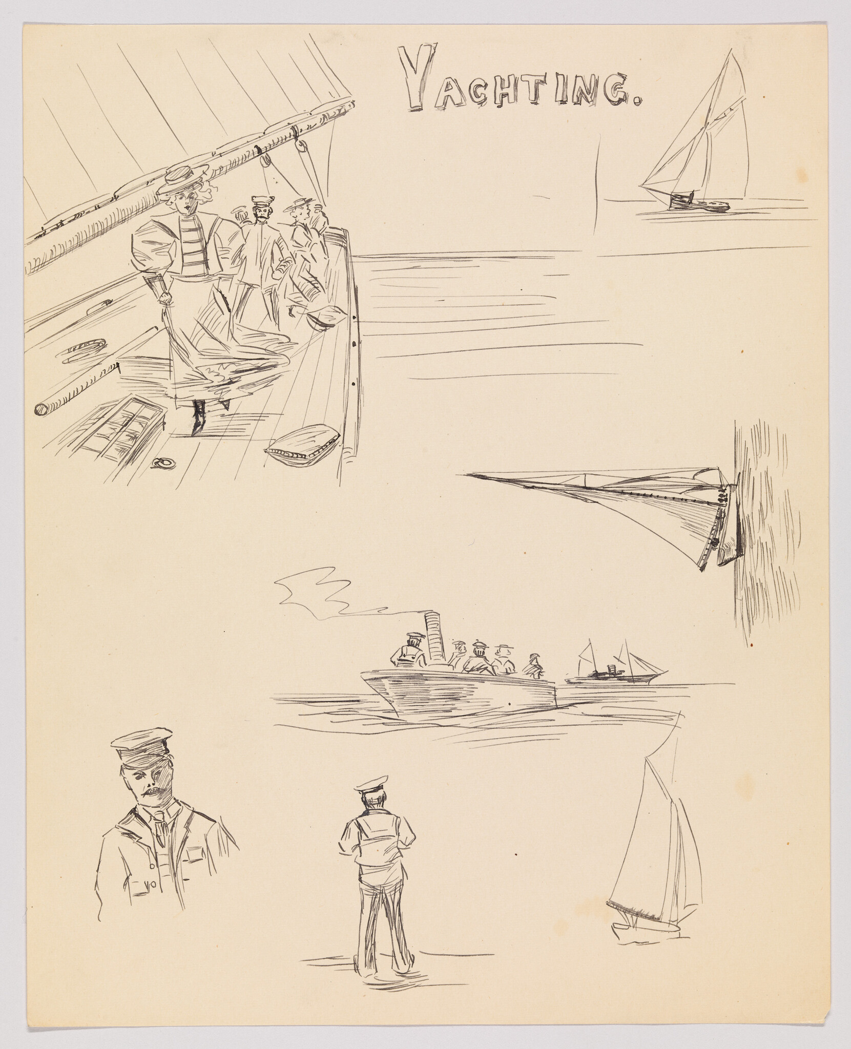Several sailors and sailboats sketched on paper with the word Yachting at the top.