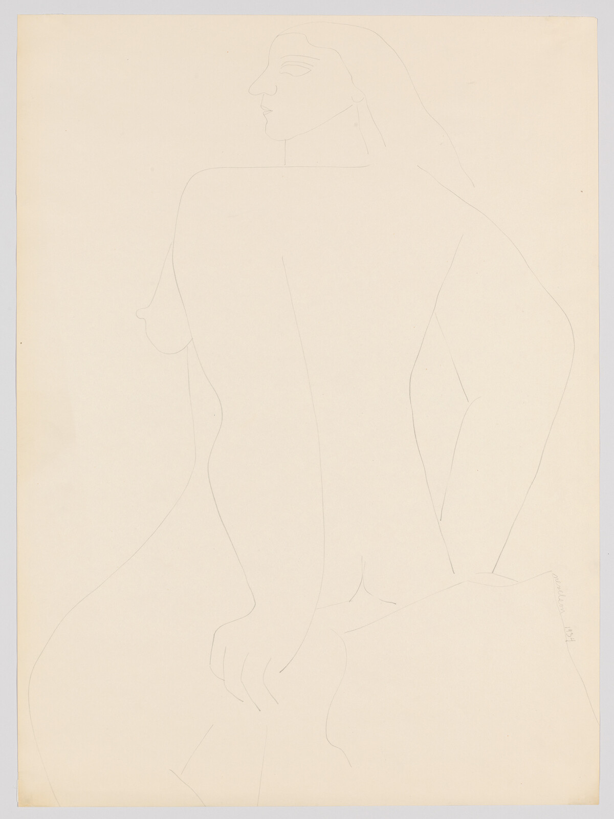 A minimalist line drawing of a seated female figure, depicted in profile with stylized features and smooth, flowing lines, on a plain background. The artist's signature is visible in the bottom right corner.