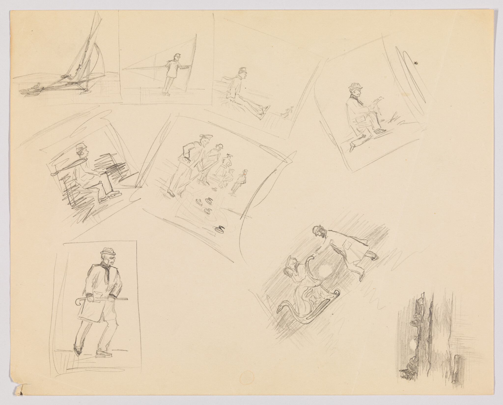 Multiple quick pencil sketches showing men in various poses, a sailboat, and a sleigh.