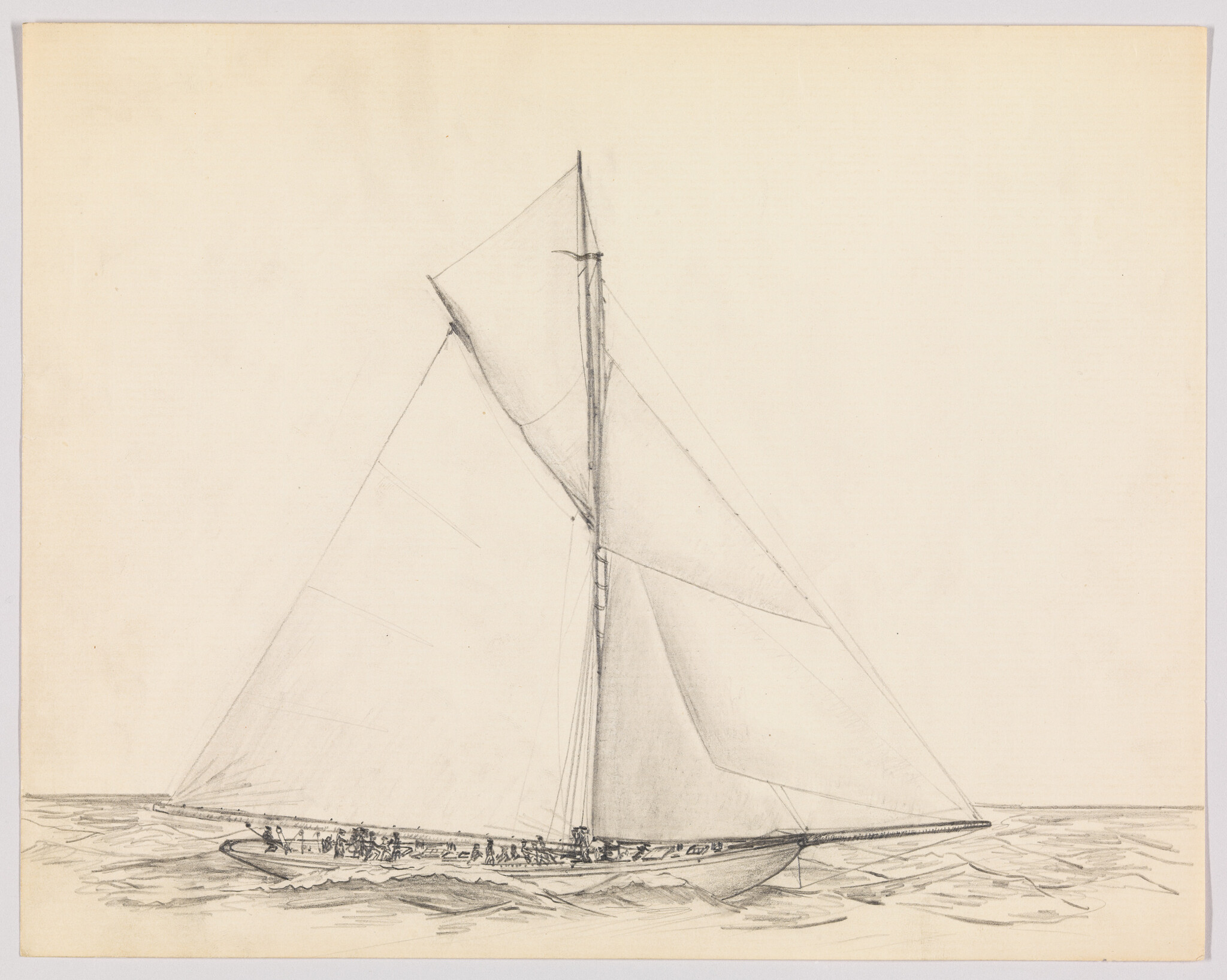 A large sailboat with full sails and crew sailing across choppy water.