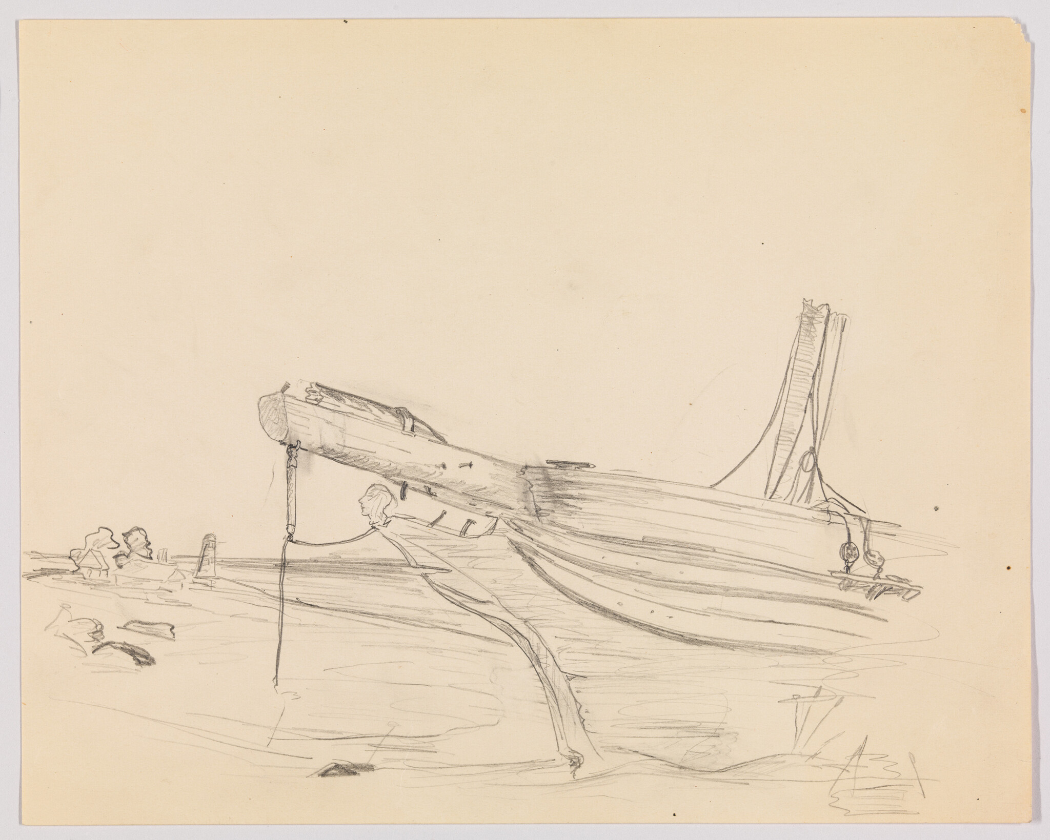A pencil sketch of a boat beached on shallow water with a person leaning over the bow.