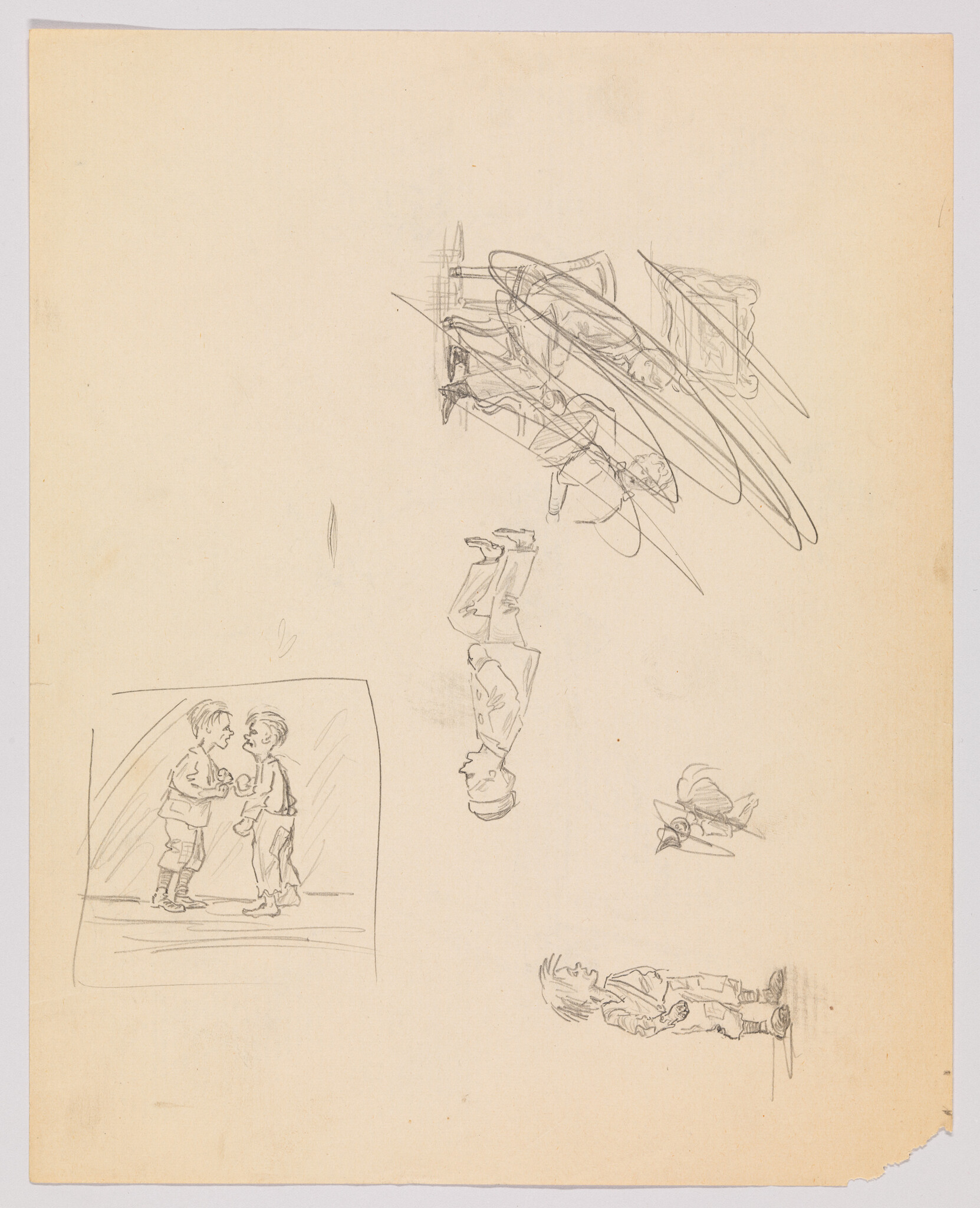 Several rough pencil sketches of children and small scenes scattered across a blank sheet of paper.