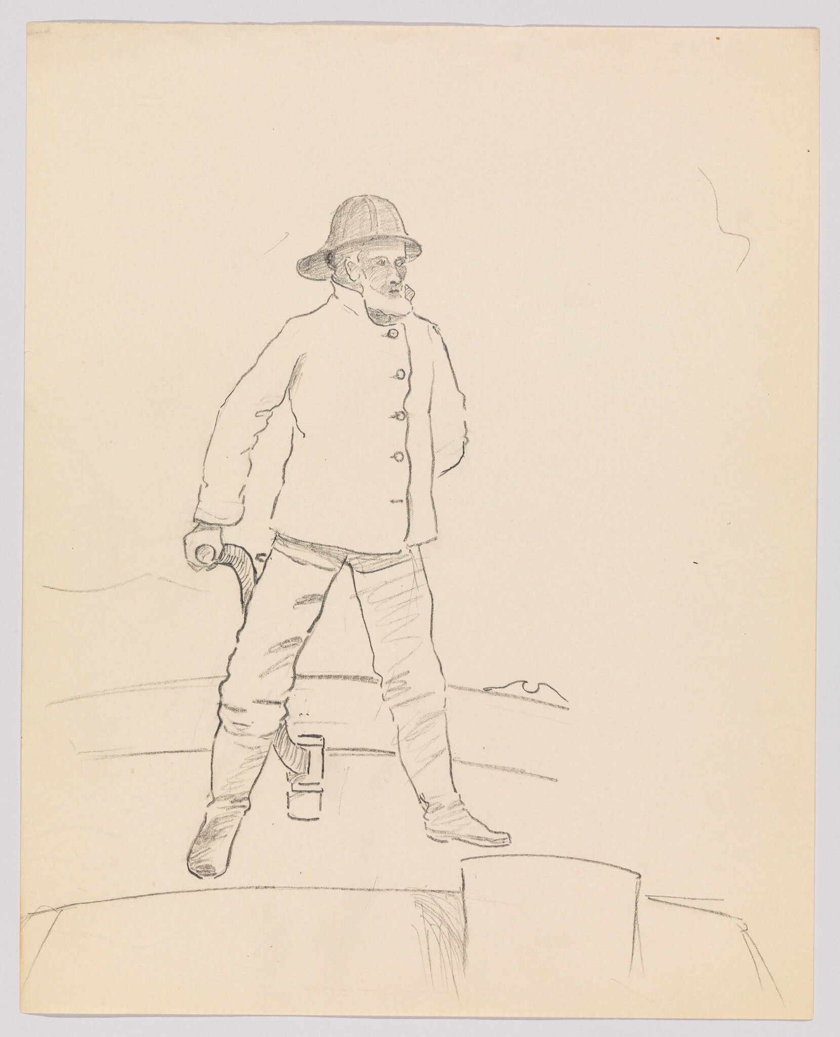 A man in a coat and hat stands on a ship's deck holding a curved pipe.