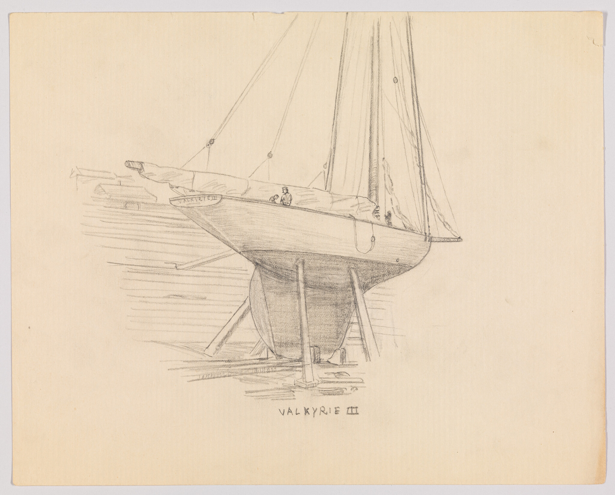 A pencil sketch of the sailboat Valkyrie III propped on supports with figures on deck.