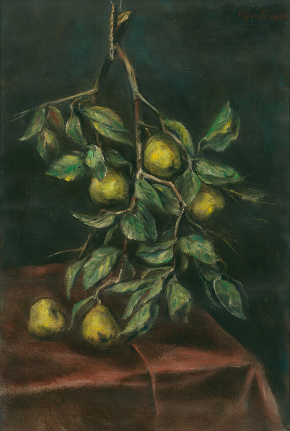 A branch with several ripe pears and green leaves hangs above a cloth-covered table.