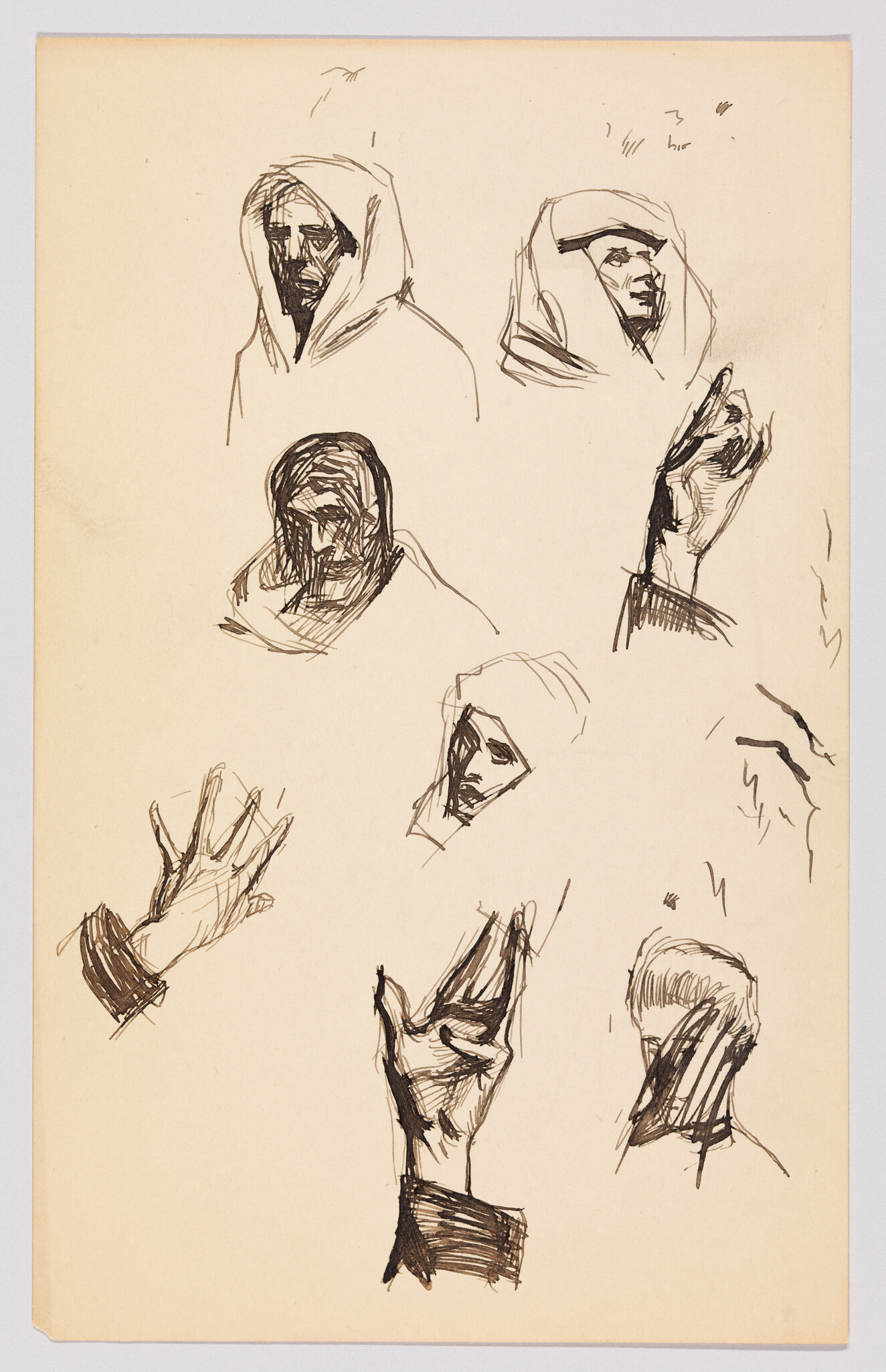 Multiple quick ink sketches of hooded heads and expressive hands on cream paper.