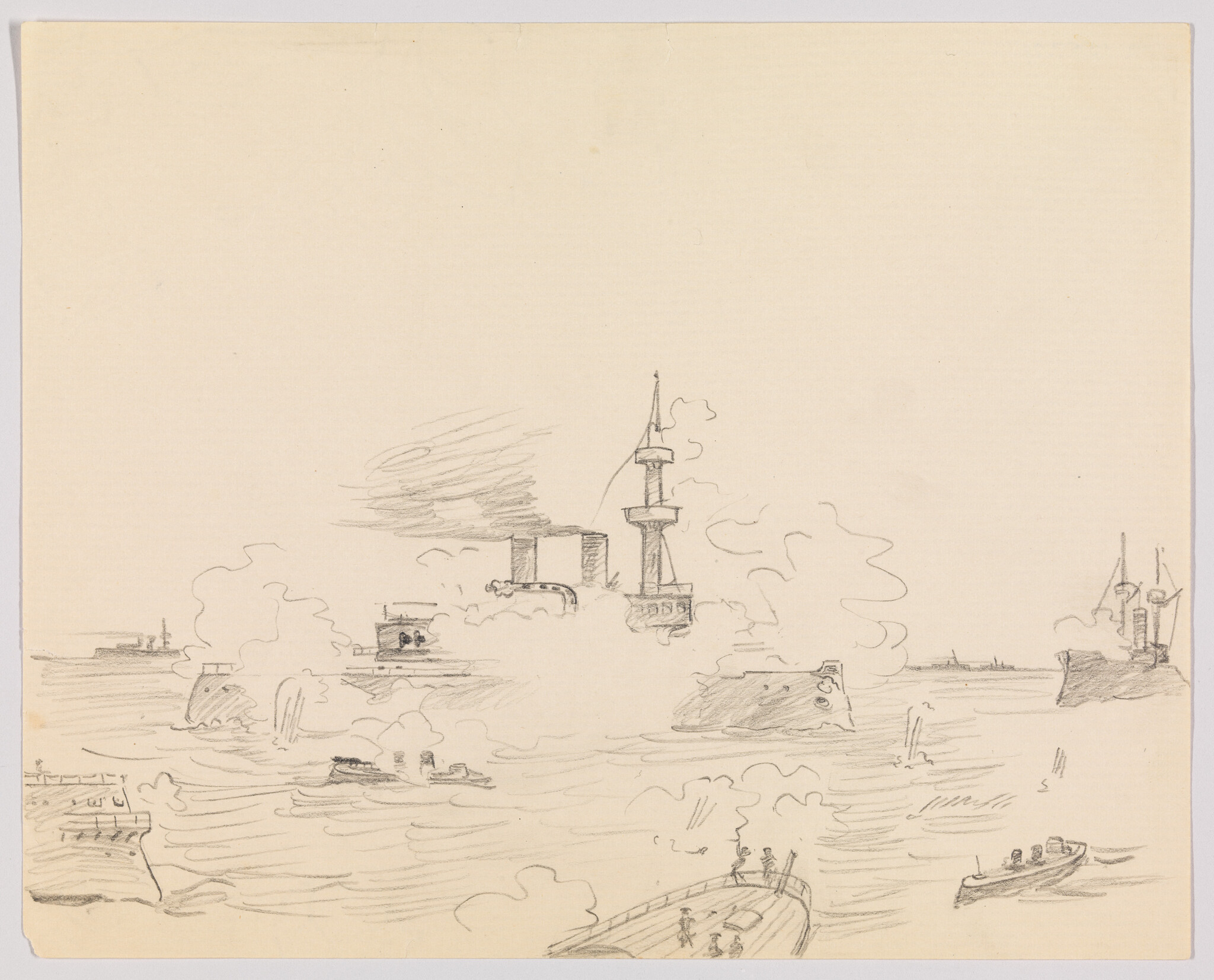 A pencil sketch of battleships firing in a harbor with smoke and small boats nearby.