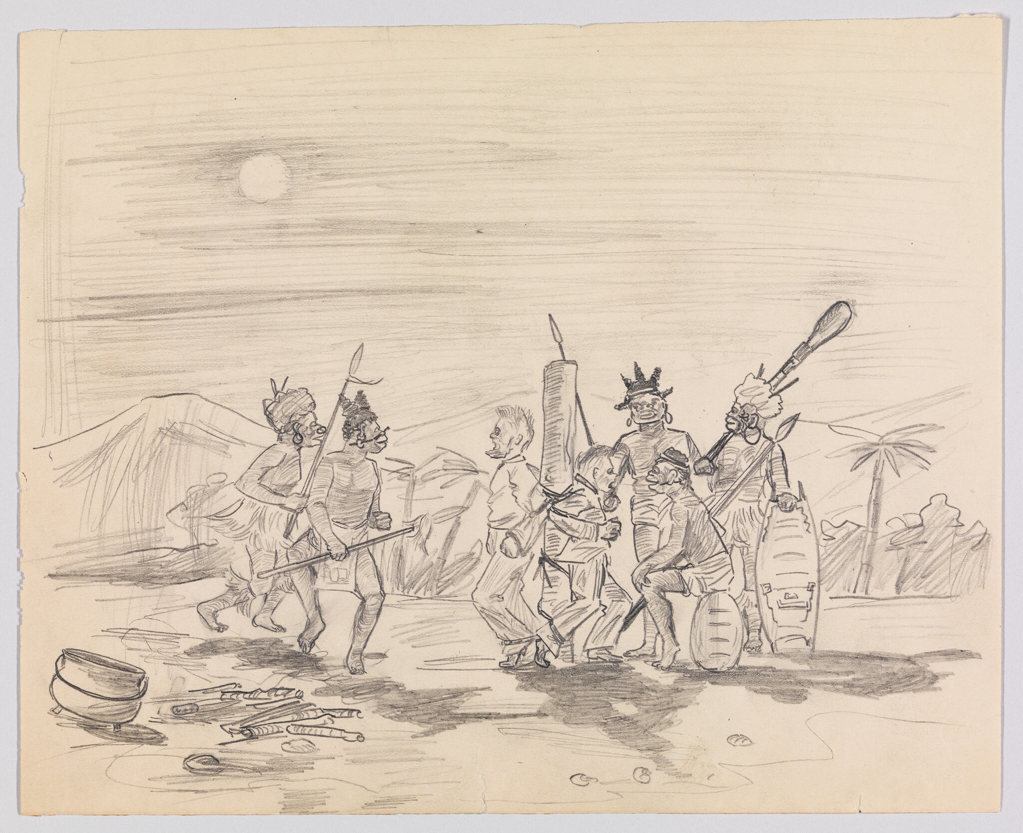 A group of spear-wielding islanders surrounds and confronts two captured men near their weapons.