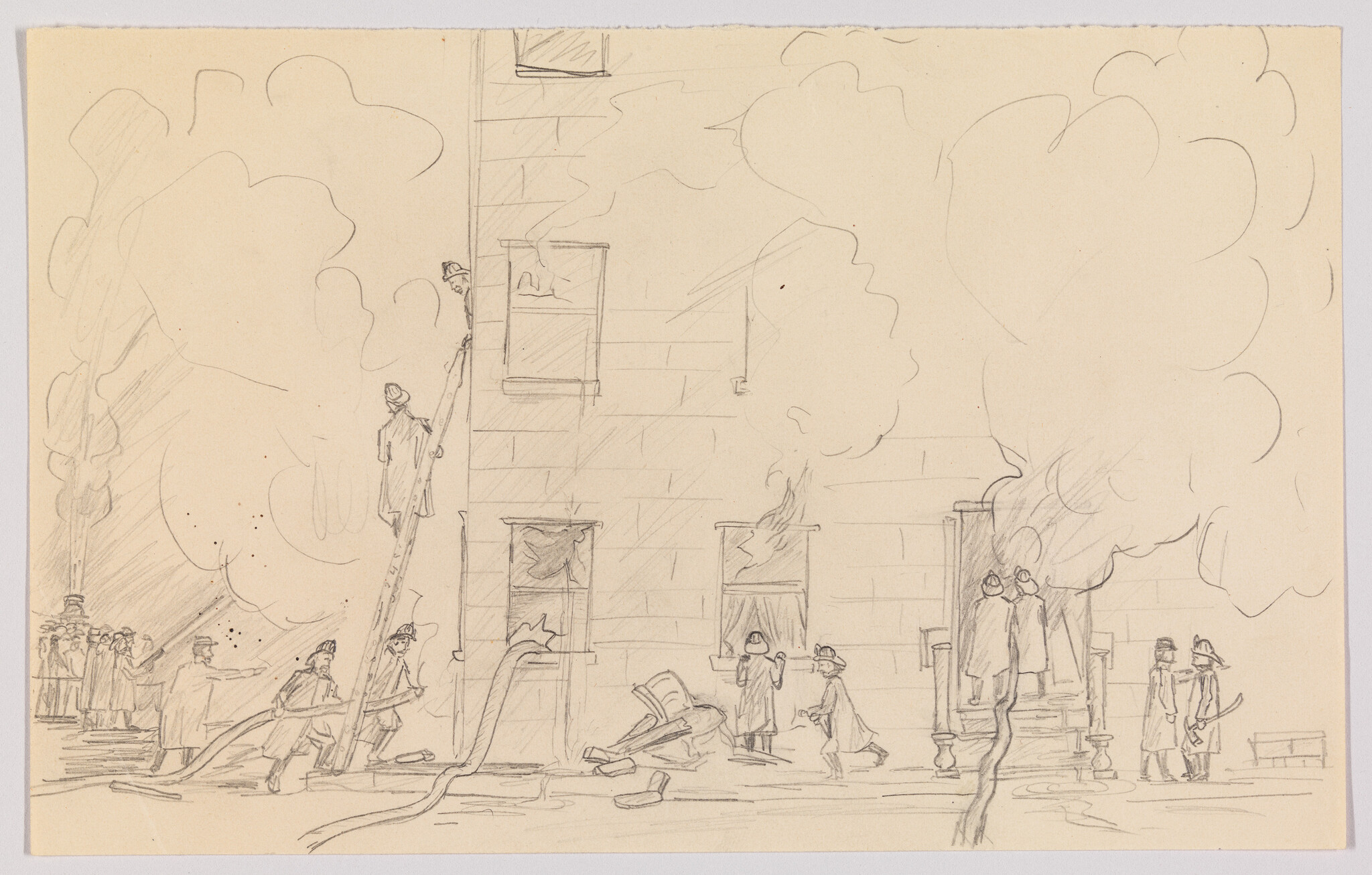 A sketch depicting a scene of a building on fire with smoke billowing out. Firefighters are actively working to extinguish the flames, with one climbing a ladder towards a window and others handling hoses on the ground. Bystanders are observing the situation from a safe distance. The drawing captures the urgency and chaos of a fire rescue operation.