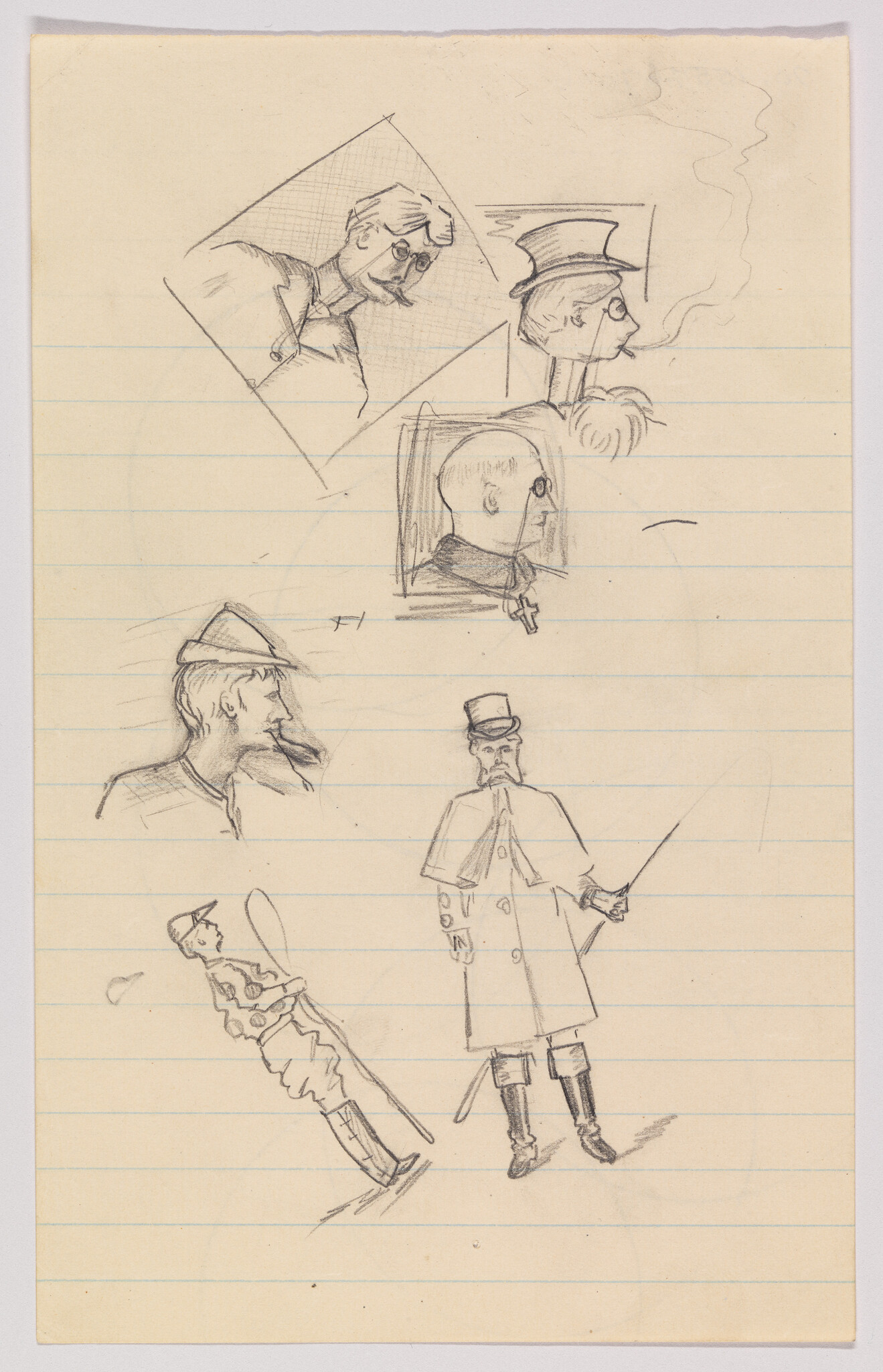 Several pencil sketches of men in various hats and poses drawn on lined notebook paper.