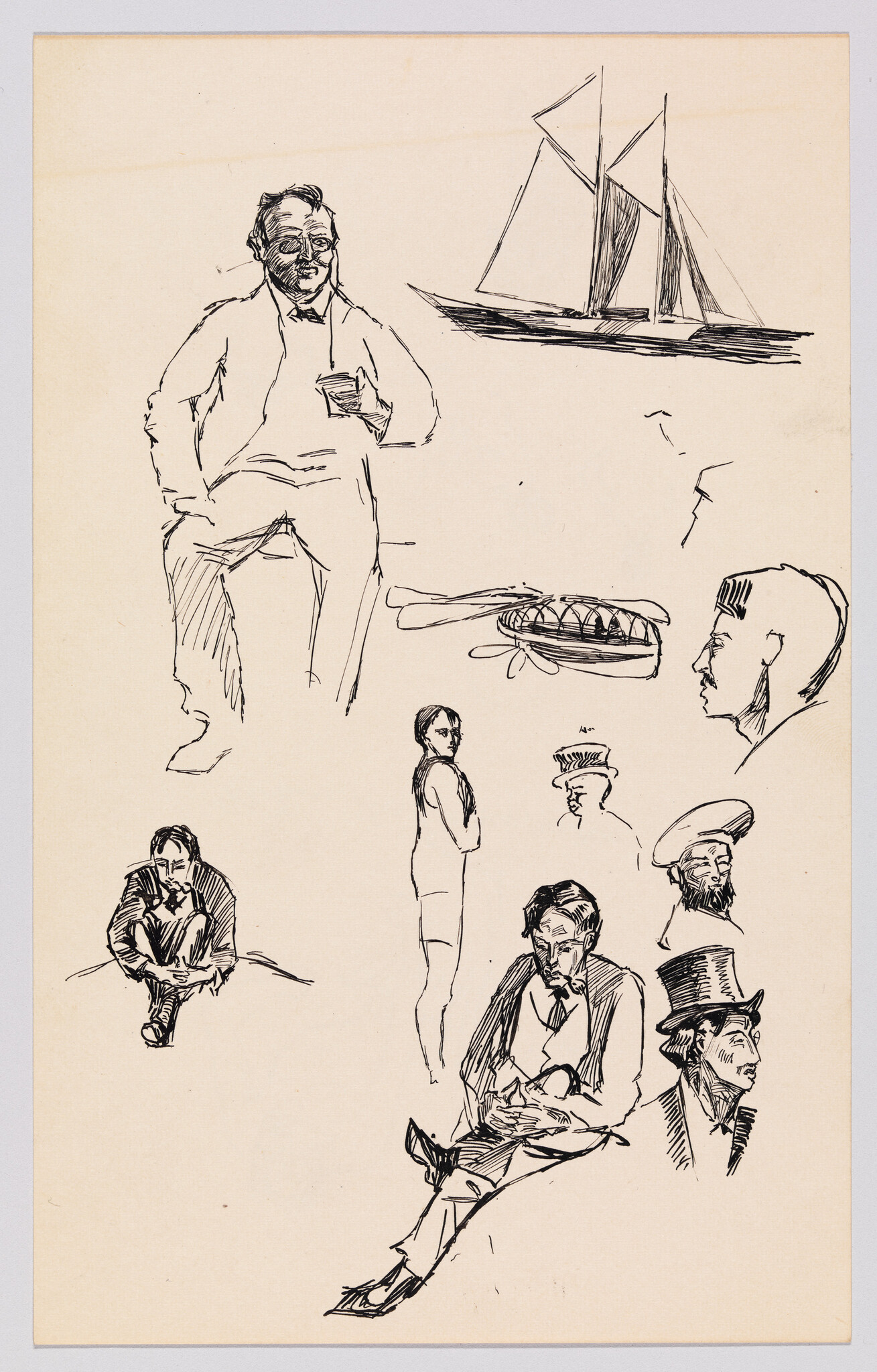 Several quick black ink sketches of men in different poses and a sailboat.
