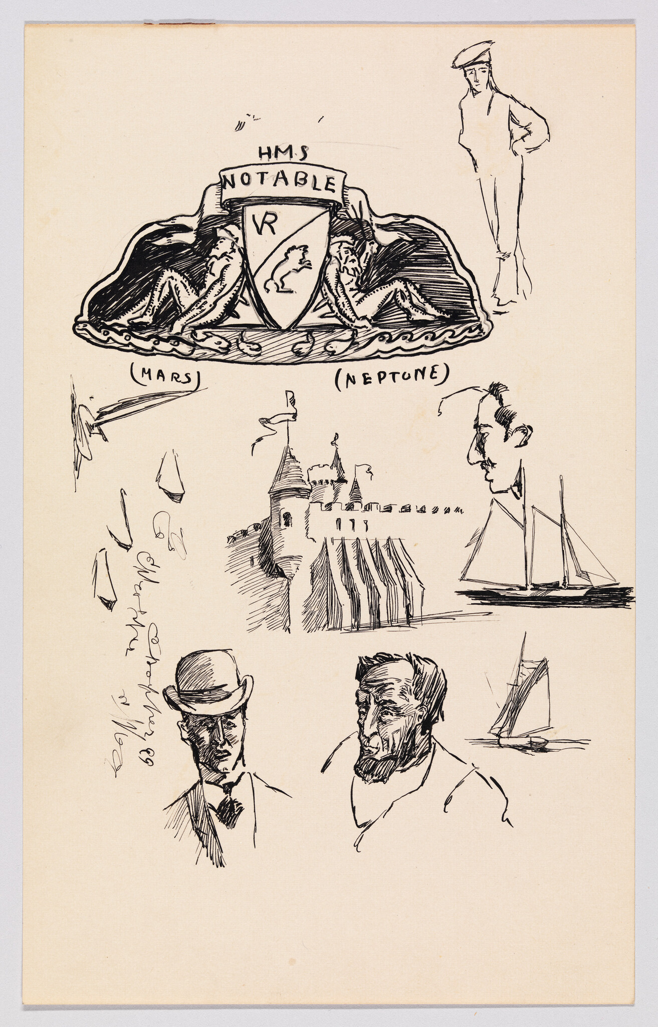 Ink sketches of an HMS Notable naval crest, small sailing ships, and portrait studies.